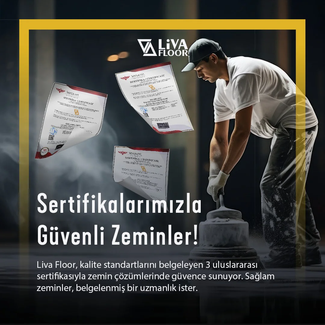 Zemin çözümlerinde uzmanlık, belgeyle kanıtlanır! 
Liva Floor olarak sahip olduğumuz 3 uluslararası sertifikamız, kalite ve güvenceyi her projenize taşıyor. Epoksi kaplama, beton parlatma ve self-leveling gibi hizmetlerimizde belgelenmiş üstün standartlar